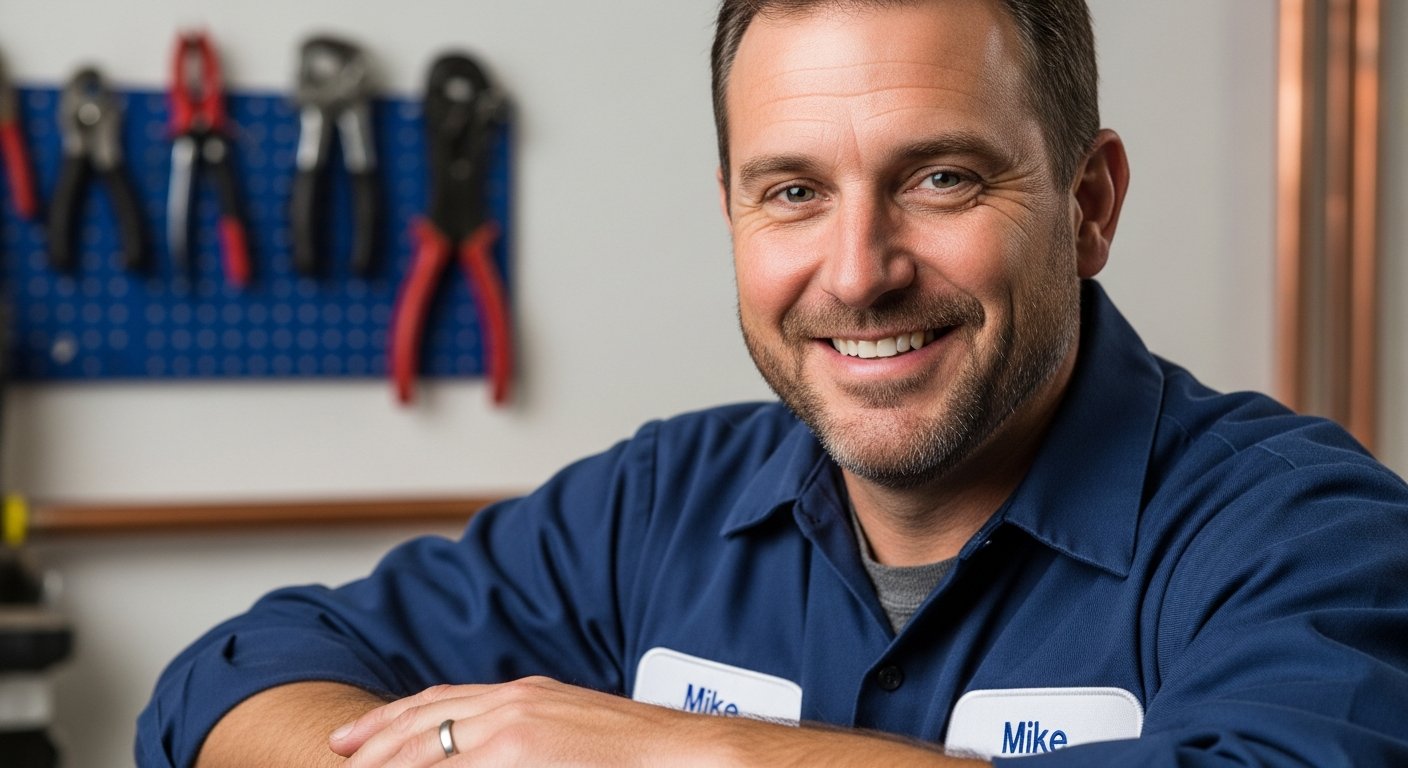 Gavin Greaves, local plumber and heating engineer standing by his work van in Newport, East Riding