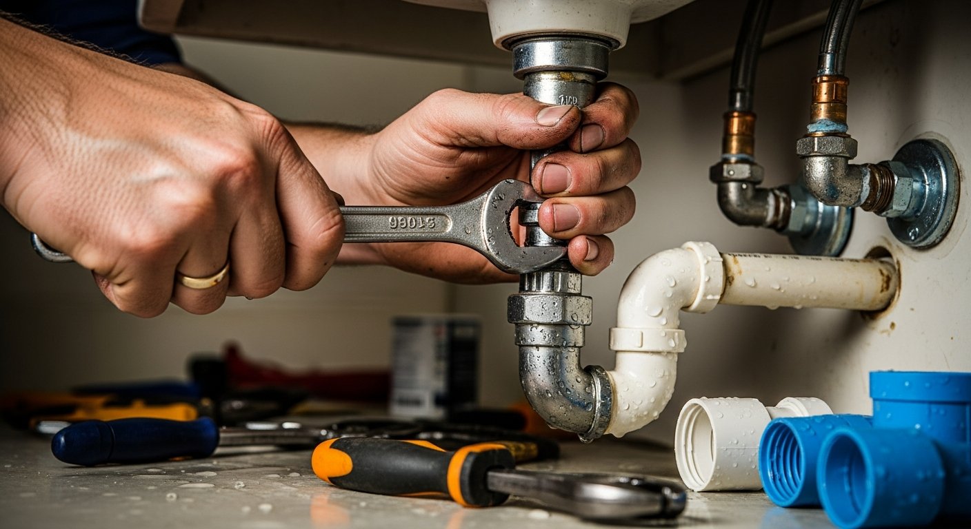 Plumber's hands working on copper pipework for central heating installation in East Riding home